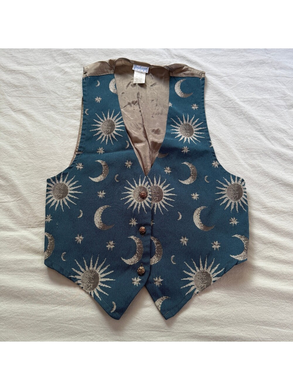 Vintage 90s Backroad Blues Celestial Tapestry Vest Sun Moon Star Whimsigoth Boho